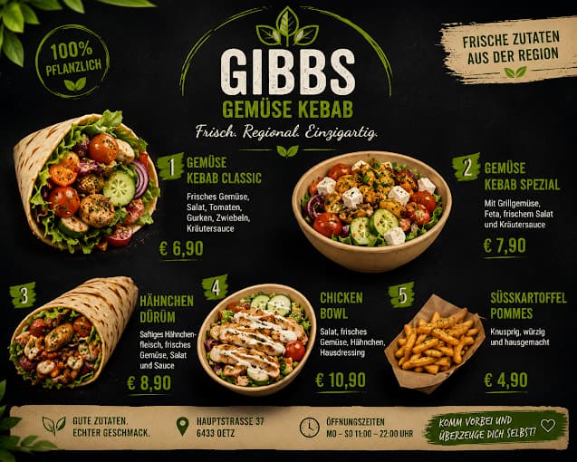Gibbs Gemüsekebab Menüauswahl mit Kebab, Bowl und Süßkartoffel Pommes