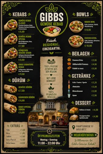 Gibbs Gemüsekebab vollständige Speisekarte als Originalbild